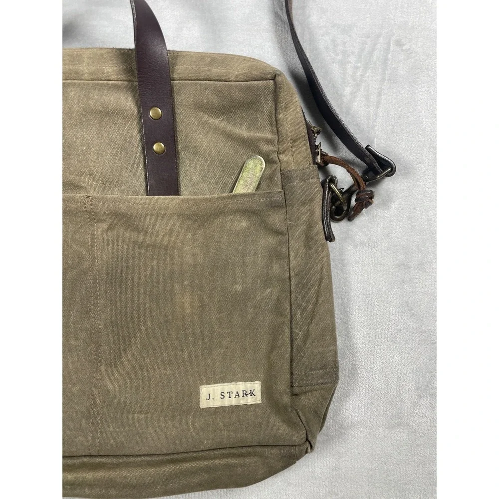 J. Stark Waxed Canvas Briefcase Messenger Bag Olive Brown Leather Strap USA